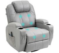 HOMCOM Poltrona Massaggiante a 8 Punti Reclinabile Manuale con Poggiapiedi e Telecomando, Poltrona Relax Girevole in Pelle PU e Legno con Funzione Dondolo, 89x99x106 cm, Grigio