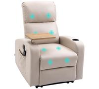 HOMCOM Poltrona Massaggiante Reclinabile Manuale con Poggiapiedi, Poltrona Relax con Portabicchieri, Tavolino Girevole Rimovibile, Telecomando, Tasche Laterali, in Tessuto Traspirante, Max 160kg Beige
