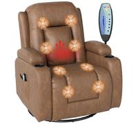 HOMCOM Poltrona Massaggiante Reclinabile Manuale, Poltrona Relax Girevole, Lombare Riscaldante con Dondolo, Portabicchieri, Telecomando, Poggiapiedi, Tasche Laterali, in Pelle PU, Marrone Chiaro