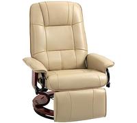 HOMCOM Poltrona reclinabile poltrona lounge poggiapiedi regolabile 360° girevole base in legno rivestimento in plastica crema