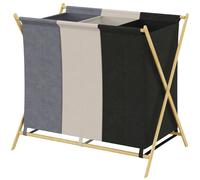 HOMCOM Cesto Portabiancheria Pieghevole a 3 Scomparti da 129L Totali, Cesto per il Bucato in Bambù e Tessuto Effetto Lino, 75x48x67 cm, Multicolore