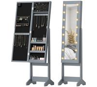 Homcom Portagioie a specchio con luci a LED, portagioie, portagioie da terra con specchio completo, angolo regolabile, con ripiani, slot per anelli, grigio