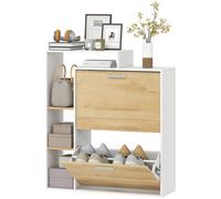 HOMCOM Scarpiera Salvaspazio Slim con 2 Ante a Ribalta, Scarpiera Ingresso con Ripiani Regolabili, 3 Ripiani Aperti, Porta Scarpe per 8 Paia in Legno con Maniglia, 80x26x90 cm, Bianco e Legno Naturale