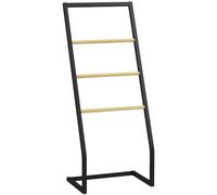 HOMCOM Portasciugamani a 4 Livelli 40.5x28x98 cm Nero e Color Legno | in Acciaio e Bambù, Porta Asciugamani Bagno da Terra Autoportante