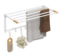 HOMCOM Portasciugamani a Parete Pieghevole con 5 Barre e 6 Ganci, Porta Salviette per Bagno e Lavanderia in Bambù e Acciaio, 60x32.5x20 cm, Bianco