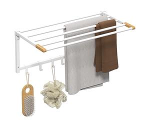 HOMCOM Portasciugamani a Parete Pieghevole con 5 Barre e 6 Ganci, Porta Salviette per Bagno e Lavanderia in Bambù e Acciaio, 60x32.5x20 cm, Bianco