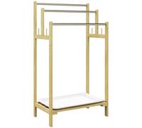 HOMCOM portasciugamani in bambù a 3 barre con ripiano portaoggetti, 4 ganci e vassoio rimovibile, portasciugamani autoportante per bagno e lavanderia, finitura naturale