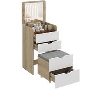 HOMCOM Postazione Trucco 3 in 1 con Specchio a Ribalta, Sgabello a Scomparsa, Toeletta Trucco con Sgabello Imbottito a Ruote, 3 Cassetti, Piano in Vetro Trasparente, Vano, Salvaspazio, Bianco e Rovere