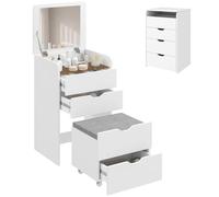 HOMCOM Postazione Trucco 3 in 1 Specchio a Ribalta, Sgabello, Bianco | Toeletta Trucco, Sgabello a Scomparsa Imbottito a Ruote, 3 Cassetti, Piano in Vetro Visibile, Vano, Salvaspazio