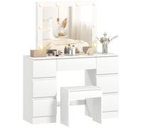 HOMCOM Postazione Trucco con 8 Luci LED, 3 Colori, Luminosità Regolabile, Toeletta Trucco con Sgabello Imbottito, 7 Cassetti e Specchio Stile Hollywood, Postazione Make Up per Camera da Letto, Bianco