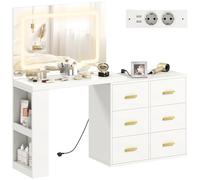 HOMCOM Postazione Trucco con Luci LED, 3 Colori, Luminosità Regolabile, Toeletta Trucco Convertibile con Prese Elettrica, 6 Cassetti Soft Close, Specchio, Ripiani Aperti, per Camera da Letto, Bianco