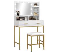 HOMCOM Postazione Trucco con Specchio a Luci LED, 2 Cassetti, 5 Ripiani e Sgabello, Toeletta Trucco in MDF, 80x40x138 cm, Bianco