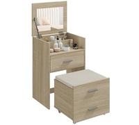 HOMCOM Postazione Trucco con Specchio a Ribalta, Sgabello a Scomparsa con Ruote, Toeletta Trucco con Sgabello, Cassetti, Cuscino in Effetto Lino Staccabile Lavabile, Scomparti, Salvaspazio, Naturale