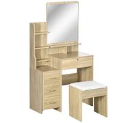 HOMCOM Postazione Trucco con Specchio Grande in Vetro Temperato, Sgabello, 4 Ripiani e 4 Cassetti, Toeletta Trucco in Legno e Sgabello con Imbottitura, Colore Legno