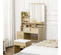 HOMCOM Postazione Trucco con Specchio Grande in Vetro Temperato, Sgabello, 4 Ripiani e 4 Cassetti, Toeletta Trucco in Legno e Sgabello con Imbottitura, Colore Legno Questo elegante set toeletta trucco