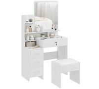 HOMCOM Postazione Trucco con Specchio Grande in Vetro Temperato, Toeletta Trucco con Sgabello Imbottito, 4 Cassetti e 4 Ripiani, Postazione Make Up per Camera da Letto, Bianco