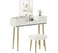 HOMCOM Postazione Trucco con Specchio Ribaltabile, Sgabello con Gambe in Metallo e 3 Cassetti, Toeletta Trucco in Legno con Piano in Vetro Temperato, per Camera da Letto, Bianco