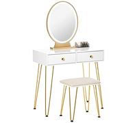 HOMCOM Postazione Trucco con Specchio Luci a LED in Stile Industriale, Toeletta Trucco con Sgabello, Mobile Toeletta con Interruttore Touch, Bianco