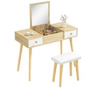 HOMCOM Postazione Trucco Moderno con Specchio Estraibile, Toeletta Trucco con Organizer Gioielli, 2 Cassetti e Sgabello, Color Legno