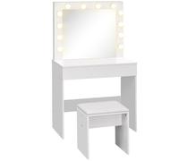 HOMCOM Postazione Trucco, Toeletta Trucco con Specchio, 12 Luci LED, Sgabello Imbottito e Ampio Cassetto in Legno, 80x40x140 cm, Bianco