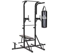 HOMCOM Power Tower con Panca e Sacco da Boxe di 20kg, Stazione Multiuso in Acciaio Nero per Allenamento Total Body
