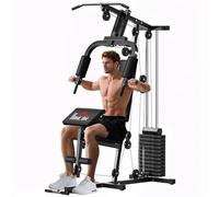 HOMCOM Power Tower con Seduta e Schienale Imbottiti Pesi da 65 kg, Stazione Fitness con Chest Press, Butterfly, Leg Curl, Dischi e Barra per Trazioni e Dip, per Home Gym Casa, 135x103x210 cm, Nero
