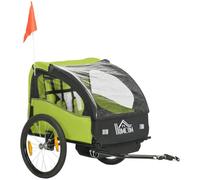 HOMCOM Rimorchio per bicicletta per bambini dai 18 mesi in su, 2 posti, con cintura di sicurezza, vano portaoggetti e sistema ammortizzatore, 140 x 88 x 90 cm, verde