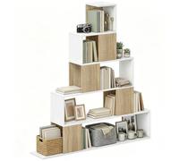 HOMCOM Libreria Cubo, Scaffale a 5 Ripiani con Design a Gradini, Libreria Geometrica per Soggiorno, Studio, Camera da Letto, Bianco e Naturale