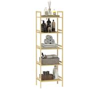 HOMCOM Scaffale Bagno 5 Ripiani Regolabili in Altezza Legno Naturale | Colonna Bagno in Bambù, Dispositivo Antiribaltamento, Cucina, Soggiorno