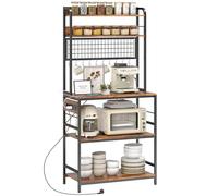 HOMCOM Scaffale Cucina con Multipresa e Ripiani Regolabili, Scaffale per Microonde 5 Livelli con Pannello a Rete e 10 Ganci, Mobile Cucina Vintage Struttura in Acciaio, 80x40x170 cm, Marrone Rustico