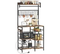 HOMCOM Scaffale Cucina con Prese e LED, Angolo Caffè, Marrone Rustico | Supporto per Microonde con Asta Appendiabiti, Pannello in Metallo, 5 Ripiani, Cestello, 10 Ganci, Struttura in Acciaio