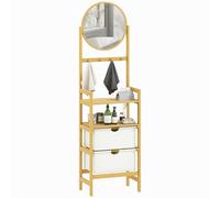 HOMCOM Scaffale da bagno in bambù con specchio Scaffale in bambù con 4 ganci 2 ripiani aperti e 2 cassetti in tessuto per cucina bagno soggiorno 48,5x30x170 cm Naturale