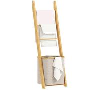 HOMCOM Scaffale da bagno in bambù, portasciugamani a 3 barre, cesto per biancheria estraibile da 48 L, per camera da letto, lavanderia, crema