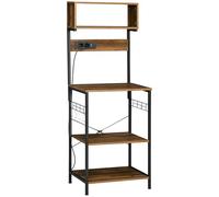 HOMCOM Scaffale da Cucina con Multipresa, Mobile Cucina per Microonde con Ripiani e Ganci Stile Industriale, Legno e Acciaio, 60x42x153cm, Marrone