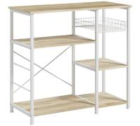 HOMCOM Scaffale da Cucina per Microonde 90x40x84.5cm Quercia e Bianco | Mobile Cucina, 4 Ripiani, Ganci e Cestino a Rete, Legno e Acciaio