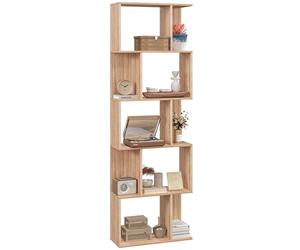 HOMCOM Scaffale Libreria a 5 Ripiani Suddivisi, Libreria Salvaspazio a Forma di S in Legno, Scaffale Divisorio per Soggiorno, Camera da Letto e Ufficio, 60x24x184.5 cm, Color Legno