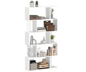 HOMCOM Scaffale Libreria Asimmetrica a S a 5 Livelli con 10 Ripiani Aperti e Cinghie Antiribaltamento, Libreria Moderna in Truciolato, per Soggiorno, Ufficio e Camera da Letto, 80x24x159 cm, Bianco