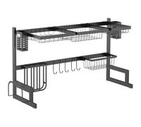 HOMCOM Scaffale Scolapiatti 2 Livelli Acciaio Nero | Scaffale asciugapiatti con ganci, vassoio antigoccia per lavello cucina