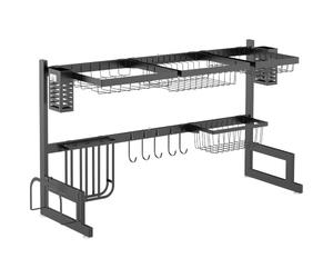 HOMCOM Scaffale Scolapiatti 2 Livelli Acciaio Nero | Scaffale asciugapiatti con ganci, vassoio antigoccia per lavello cucina