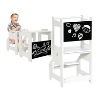 HOMCOM Scala Montessori 2 in 1 in MDF Staccabile, Torre Montessoriana per Bambini 3-6 Anni, Torre di Apprendimento con Sgabello, Lavagna, Corrimano e Parapetti inclusi, Bianco