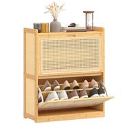 HOMCOM Scarpiera 14 paia in bambù armadio con 2 cassetti pieghevoli e ripiani regolabili, stile bohémien, per corridoio, ingresso, 69 x 29 x 83 cm, legno naturale