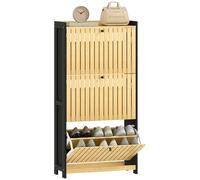 HOMCOM Scarpiera 18 paia, armadio con scarpiera stretta, armadio da ingresso con 3 cassetti pieghevoli, ante in bambù con doghe per corridoio e ingresso, 60 x 24 x 118 cm, nero e legno naturale