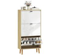 HOMCOM Scarpiera 18 paia, porta alta lucida, armadio con 3 cassetti pieghevoli e ripiani regolabili, stile moderno, per corridoio, ingresso, 60 x 24 x 127 cm, bianco
