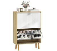 HOMCOM Scarpiera a 2 ante in bianco lucido, scarpiera da ingresso con ripiani regolabili gambe in legno, per 12 paia di scarpe, 60x24x91 cm Bianco