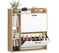 HOMCOM Scarpiera a 2 ante, scarpiera da ingresso con 3 ripiani laterali e ripiani regolabili, per 15 paia di scarpe, per corridoio, salvaspazio, 83x24x90,5 cm, naturale e bianco, naturale e bianco