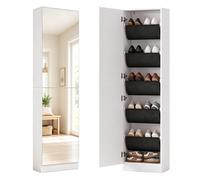 HOMCOM Scarpiera Salvaspazio Slim Alta con Ante Specchio 50x20x180cm Bianco | Scarpiera Armadio per Ingresso,5 Ripiani in Tessuto,Ante Reversibili,Chiusura Ammortizzata,per 12 Paia di Scarpe