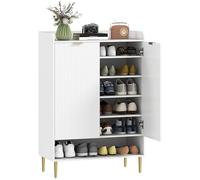 HOMCOM Scarpiera Ingresso con 2 Ante, Mobile Scarpiera con Ripiani Estraibili, Mensola Aperta e Gambe in Acciaio, Armadio Multiuso per 24 Paia di Scarpe, per Ingresso e Corridoio, 75x37x110 cm, Bianco