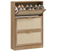HOMCOM Scarpiera per 18 Paia di Scarpe 3 Cassetti Ribaltabili Legno e Rattan