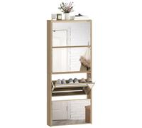 HOMCOM Scarpiera Salvaspazio Slim con 4 Ante a Ribalta a Specchio, Scarpiera Ingresso con Piano Superiore, Porta Scarpe per 12 Paia in Legno con Maniglia, 63x17x146 cm, Color Legno