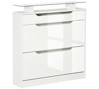HOMCOM Scarpiera Moderna con 2 Cassetti Ripiani Doppia 16 Scarpe con Mensola Regolabile e Ripiano in Vetro, 89x23x96cm, Bianco Lucido Aosom